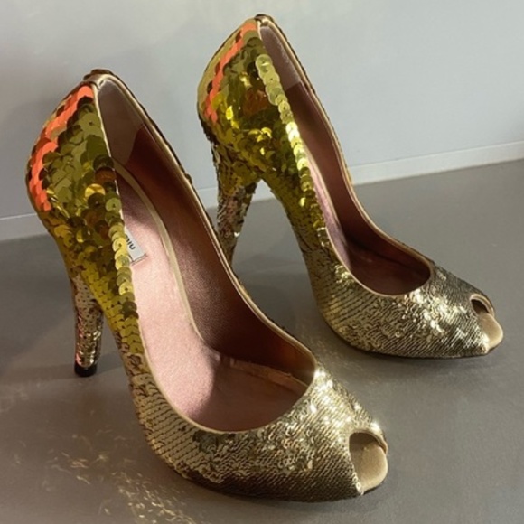 Miu Miu Gold Ombré Sequin Peep-Toe Sandals - Picture 1 of 5